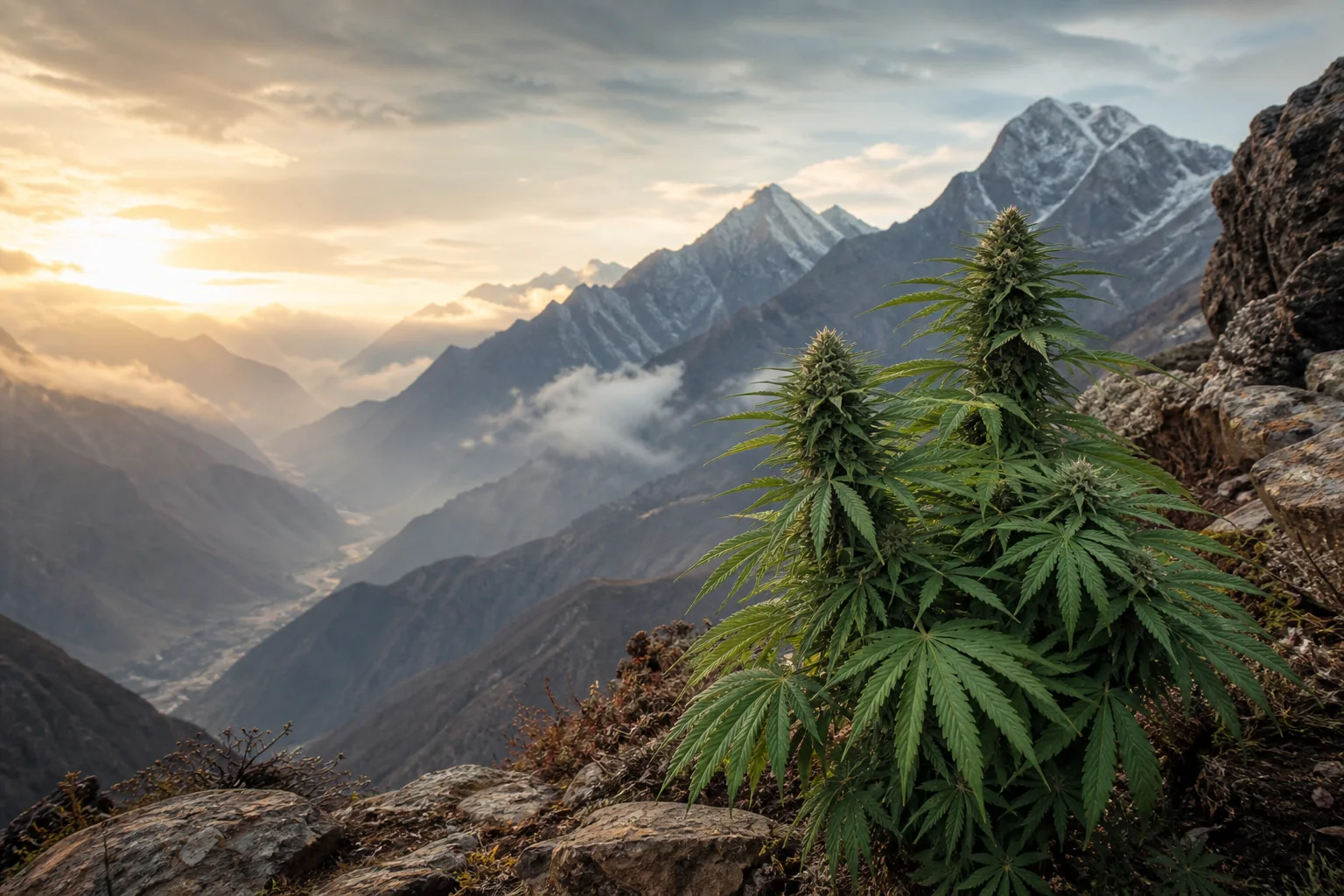 Künstlerische Interpretation kompakter Cannabispflanzen vor einer Hochgebirgslandschaft