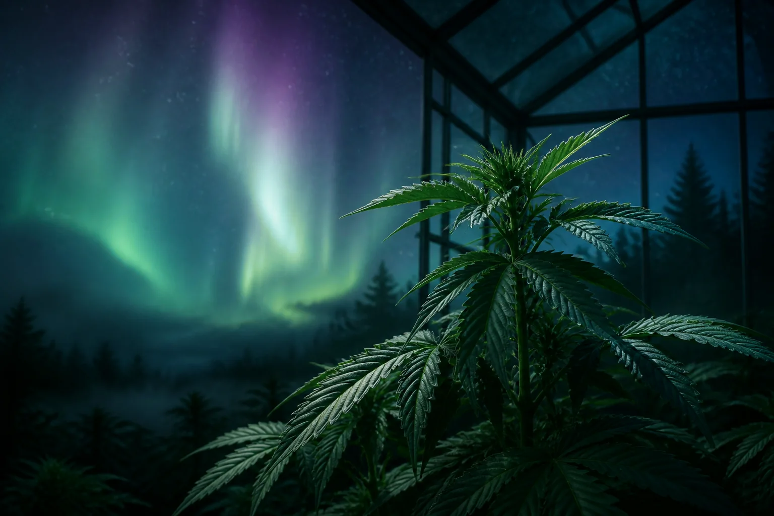 Künstlerische Interpretation einer Cannabispflanze vor einem grün-blauen Polarlicht