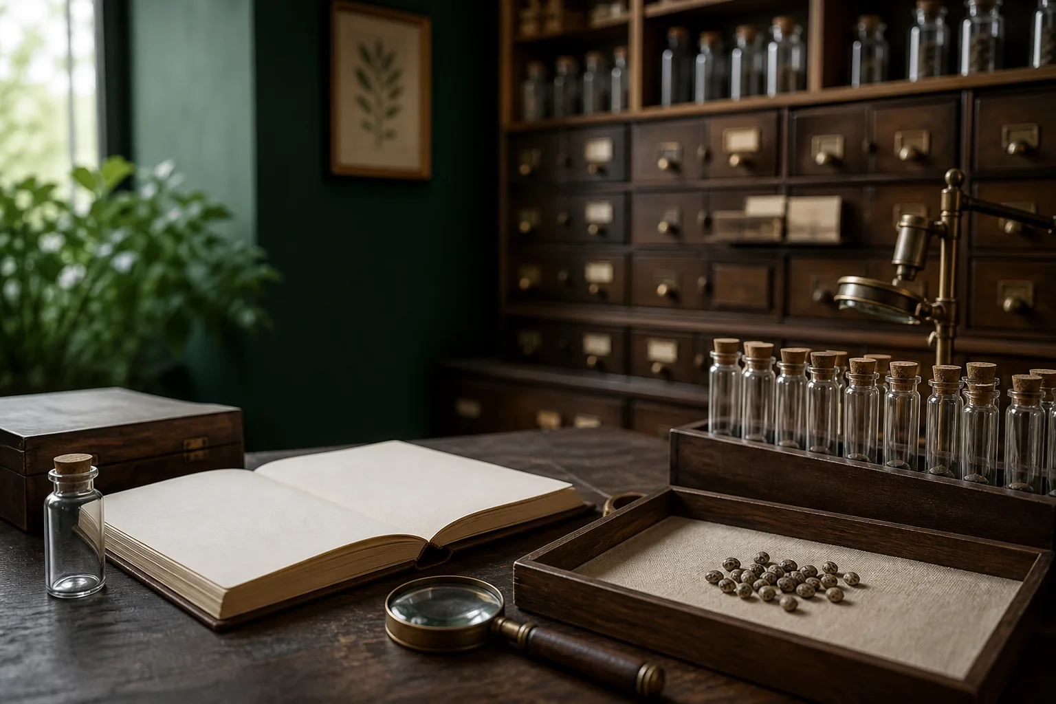 Markenfreies botanisches Samenarchiv mit Glasröhrchen, Schubladen und Lupe