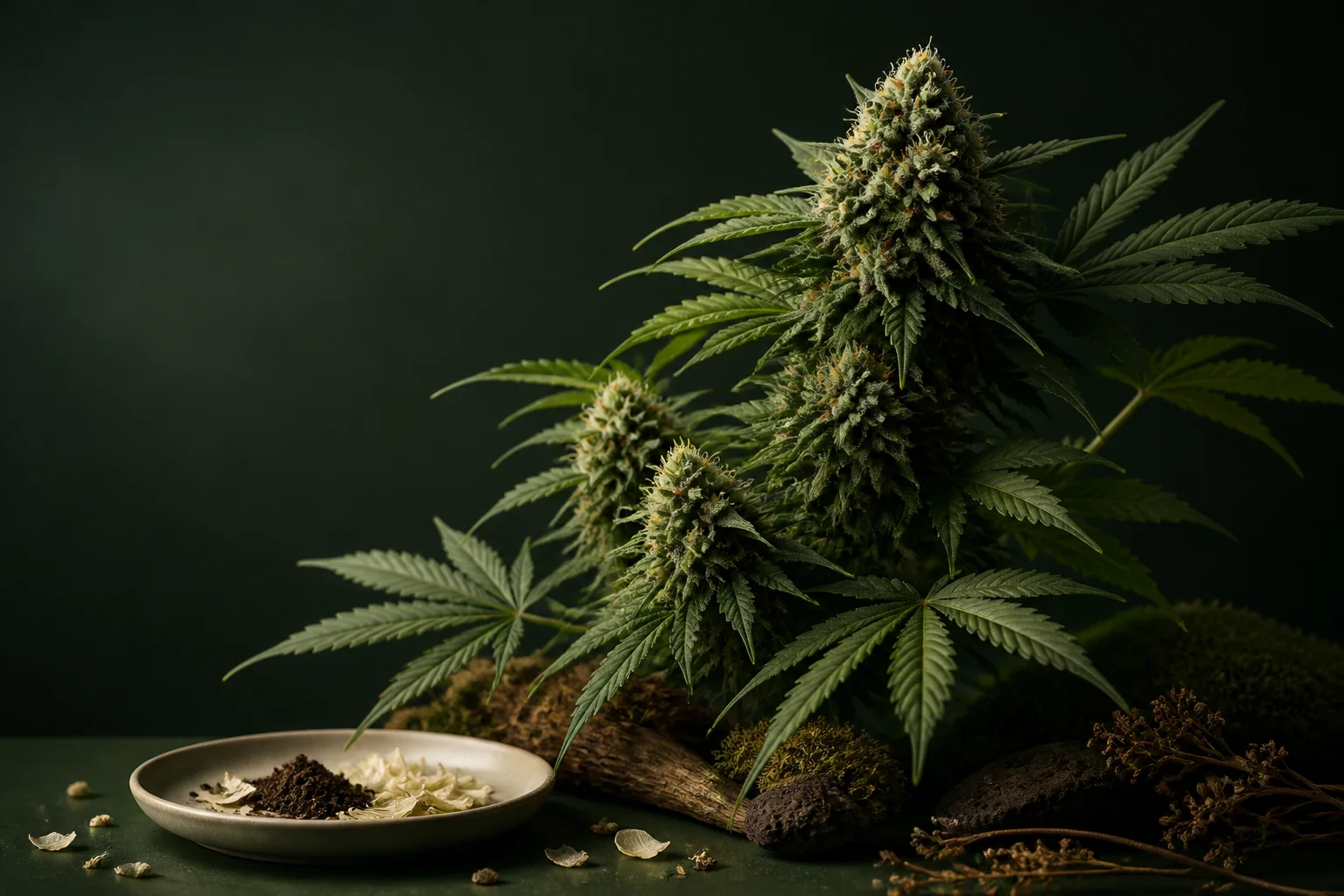 Künstlerische botanische Interpretation einer robusten Cannabispflanze vor dunkelgrünem Hintergrund